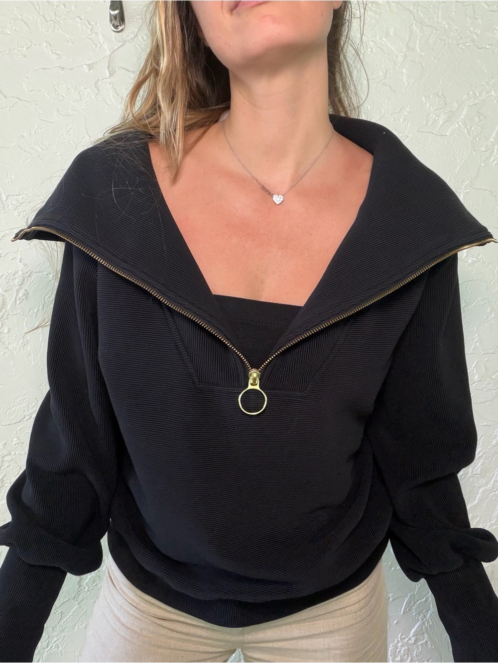 Varley Black V-Neck Knit Pullover with Gold Ring Zip